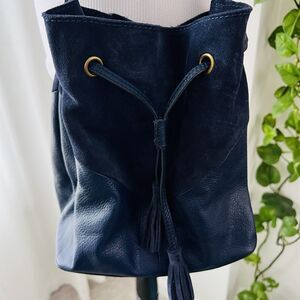 The Fix Black Suede & Leather Drawstring Bucket Bag Purse Crossbody